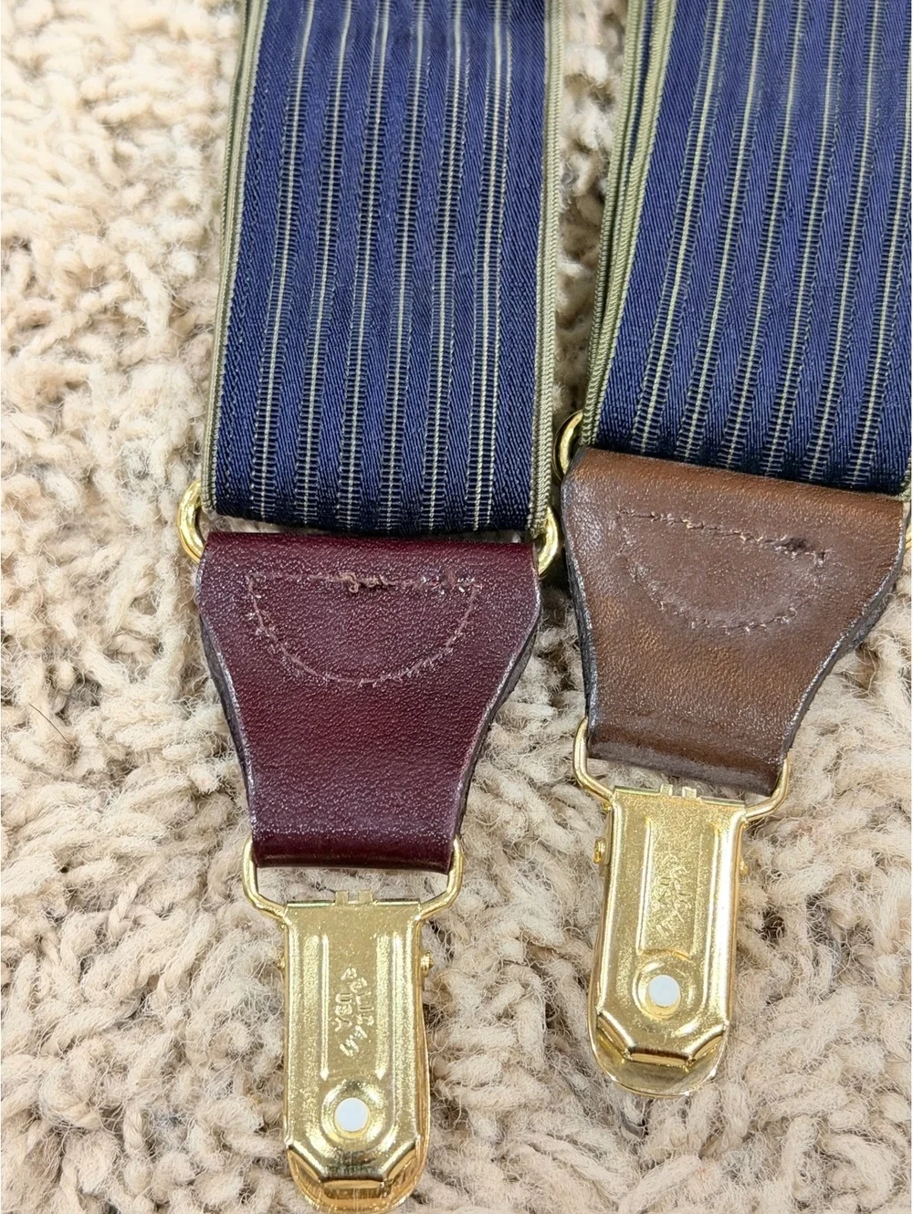 Vintage Pelican USA Navy Blue Pinstripe Suspenders with Leather Accents